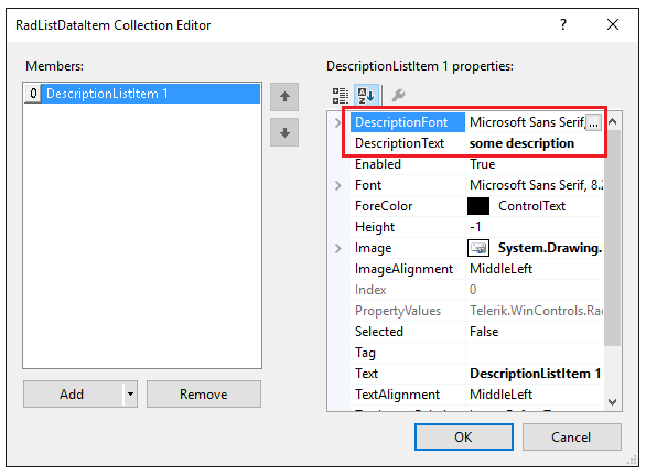 WinForms RadDropDownList DescriptionTextListDataItem's Properties