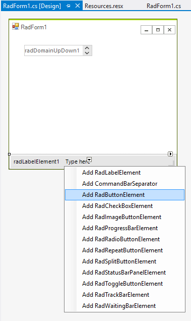 WinForms RadDomainUpDown RadStatusStrip Item Elements