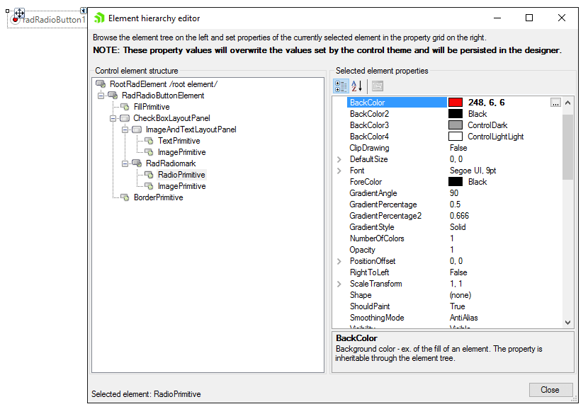 WinForms RadRadioButton Element Hierarchy Editor