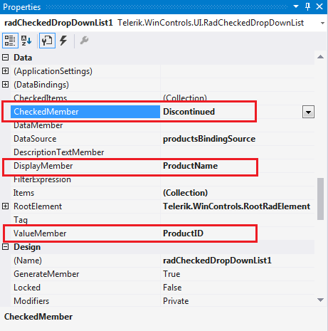 WinForms RadCheckedDropDownList Setting the CheckedMember, DisplayMember and ValueMember properties at Design time