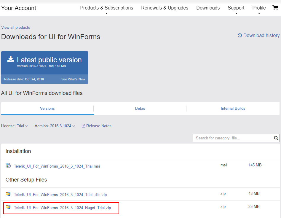 Telerik account download page for manually downloading Telerik UI for WinForms NuGet packages