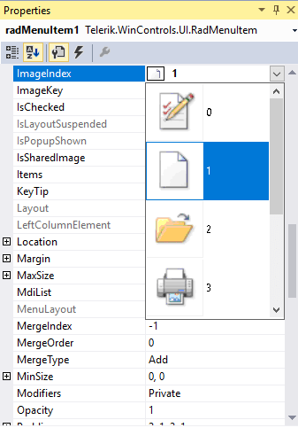 WinForms RadMenuItem Properties Window