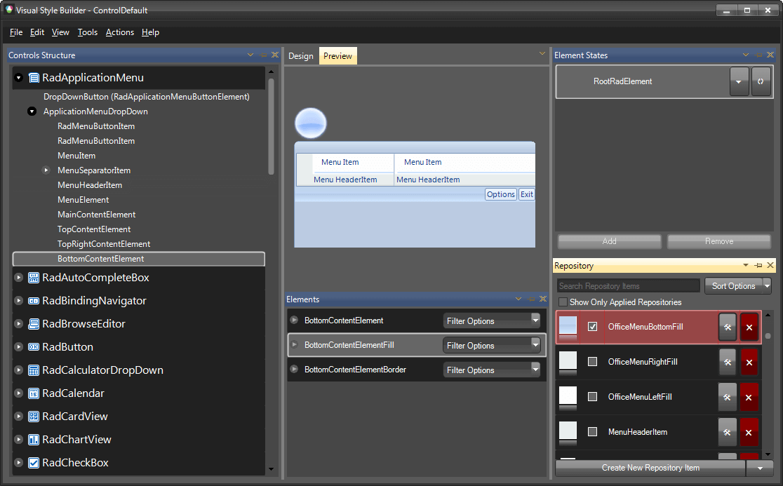 WinForms RadApplicationMenu VisualStyleBuilder