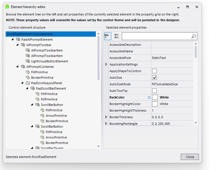 WinForms RadAIPrompt Element Hierarchy Editor