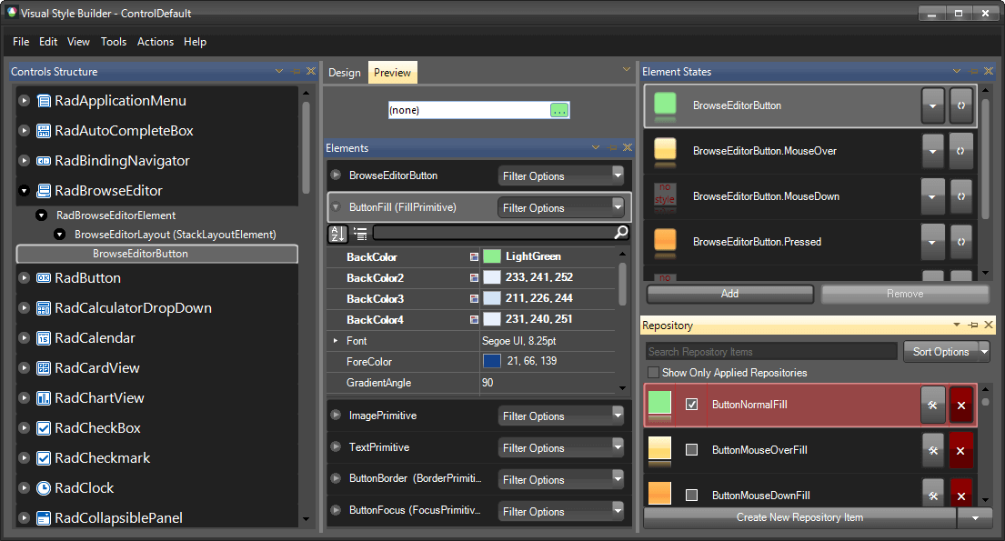 WinForms RadBrowseEditor Visual Style Builder