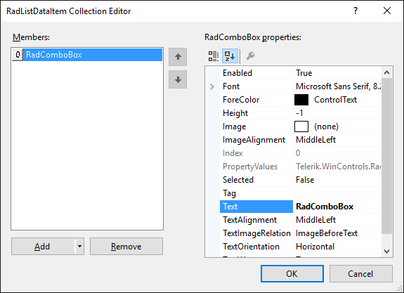 WinForms RadListControl RadListDataItem Collection Editor