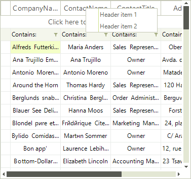 WinForms RadVirtualGrid Header Cells Menu