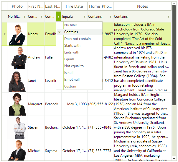 WinForms RadGridView Filtering Row