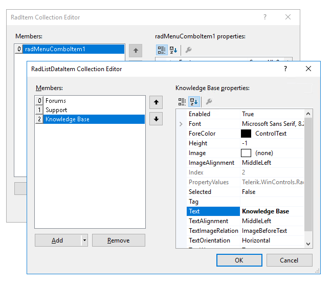 WinForms RadMenu MenuComboItem Collection Editor