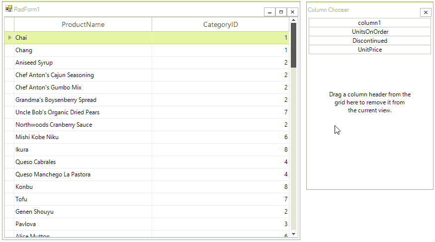 WinForms RadGridView Using the Column Chooser