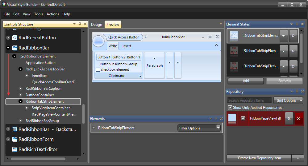 WinForms RadRibbonBar Controls Structure