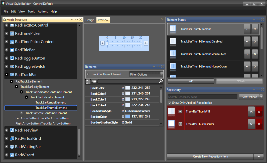 WinForms RadTrackBar Controls Structure