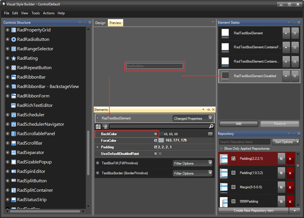 WinForms RadTextBox BackColor