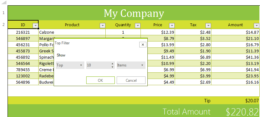 WinForms RadSpreadsheet Top Filter Dialog