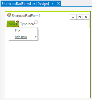 WinForms RadShortcuts Created MenuItem Design Time