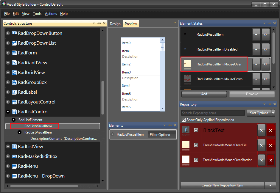 WinForms RadListControl VisualStyleBuilder