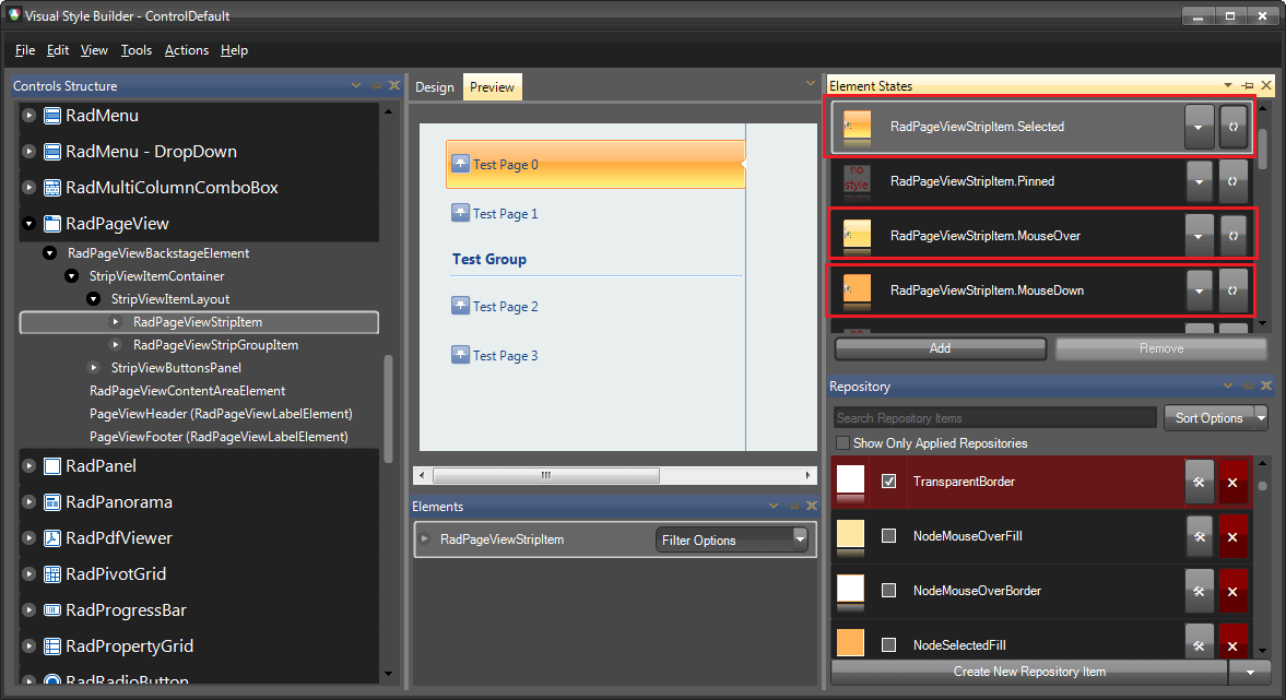 WinForms RadPageView PageViewStripItem Element States