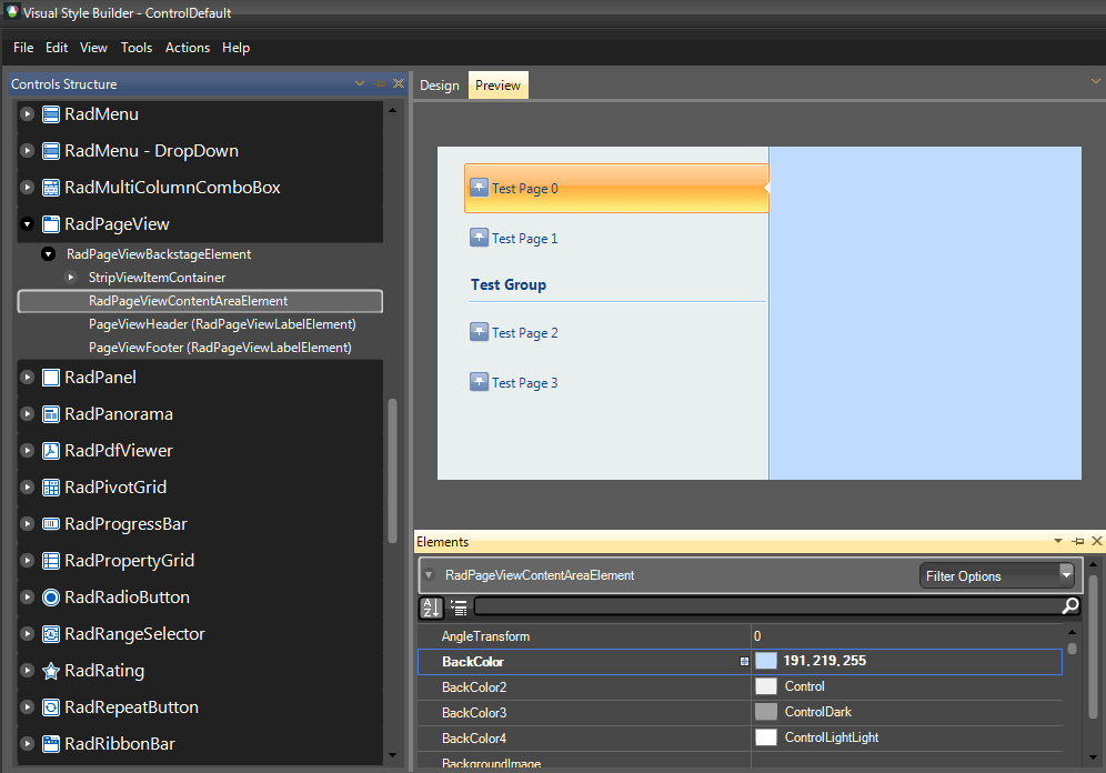 WinForms RadPageView RadPageViewBackstageElement
