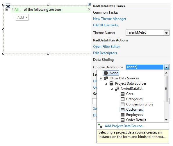 WinForms RadDataFilter DataSource property in Smart Tag