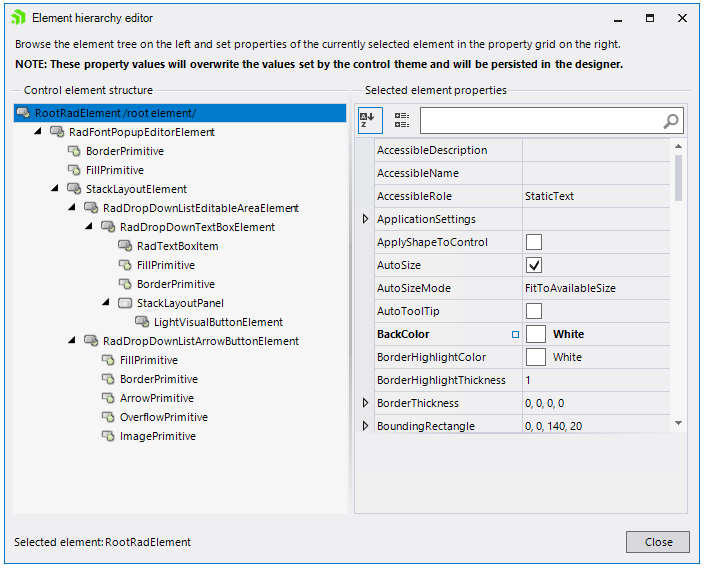 WinForms RadFontDropDownList Element Hierarchy Editor