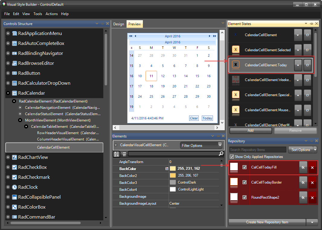 WinForms RadCalendar VisualStyleBuilder Today CalCellTodayFill