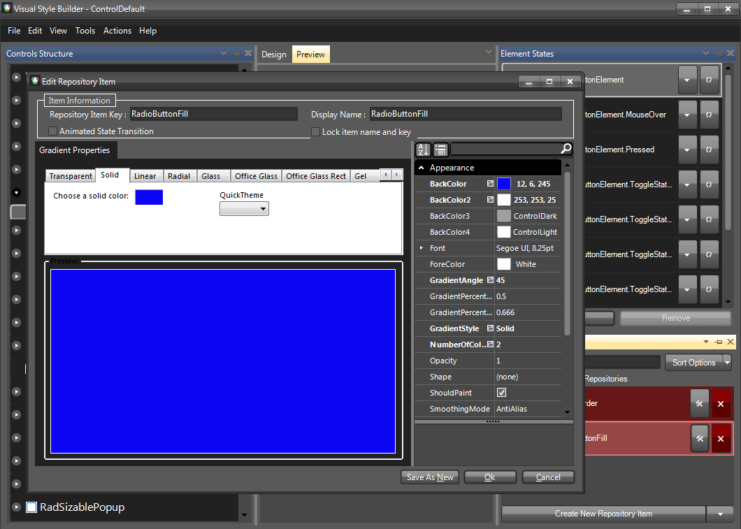 WinForms RadRadioButtonElement VisualStyleBuilder Fill Repository