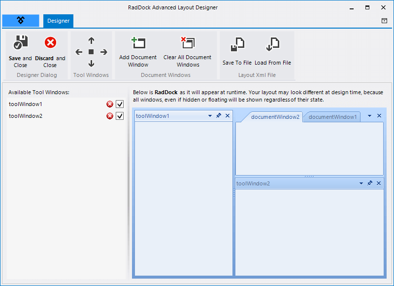 WinForms RadDock Advanced Layout Designer