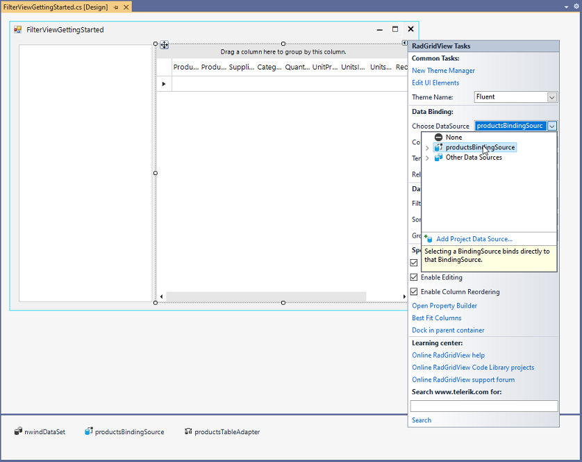 WinForms RadFilterView RadGridView DataSource