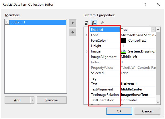 WinForms RadDropDownList RadListDataItem's Properties