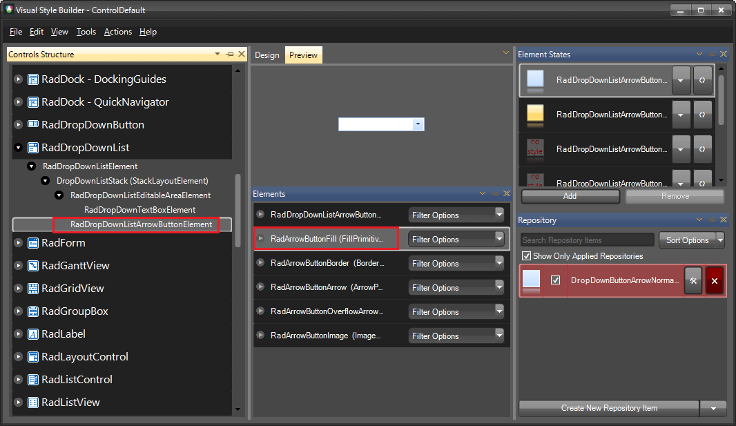 WinForms RadDropDownList VisualStyleBuilder