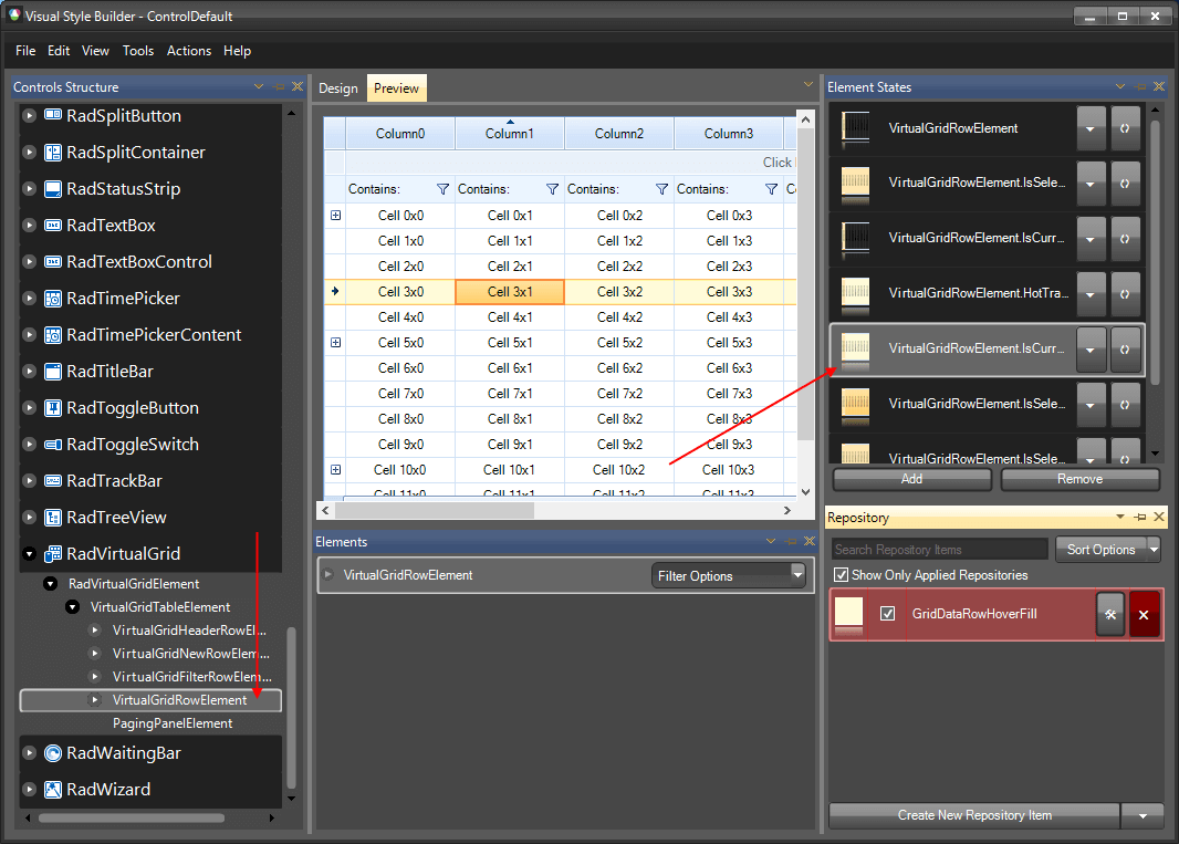 WinForms RadVirtualGrid Themes Controls Structure