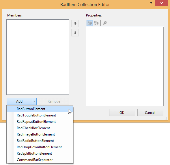 WinForms RadRibbonBar Quick Access Toolbar Collection Editor