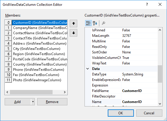 WinForms RadMultiColumnComboBox GridViewDataColumn Collection Editor