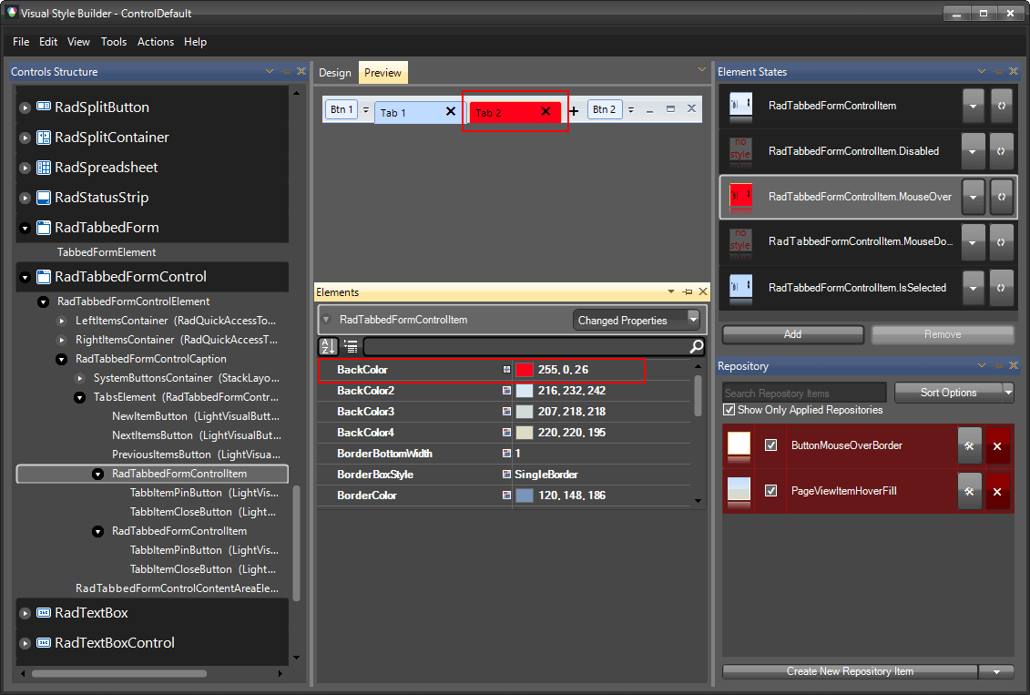 WinForms RadTabbedForm RadTabbedFormControl BackColor Gradient Style