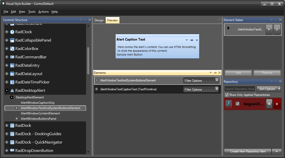 WinForms RadDesktopAlert AlertWindowTextAndSysemButtonsElement