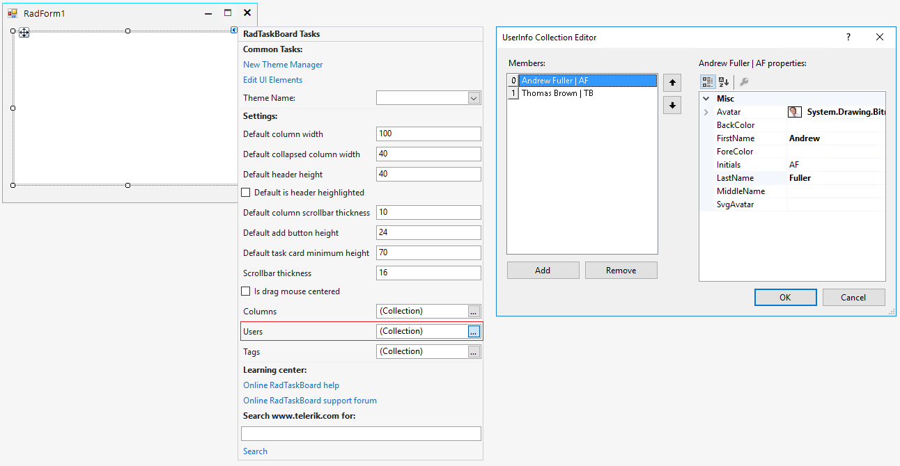 WinForms RadTaskBoard Adding Users