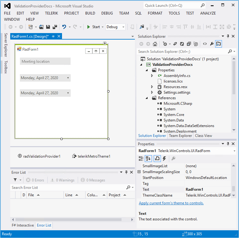 WinForms RadValidationProvider Drag Two Controls