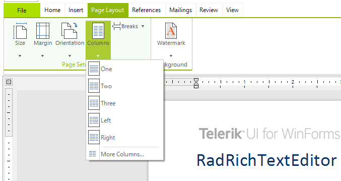 WinForms RadRichTextEditor Section columns menu