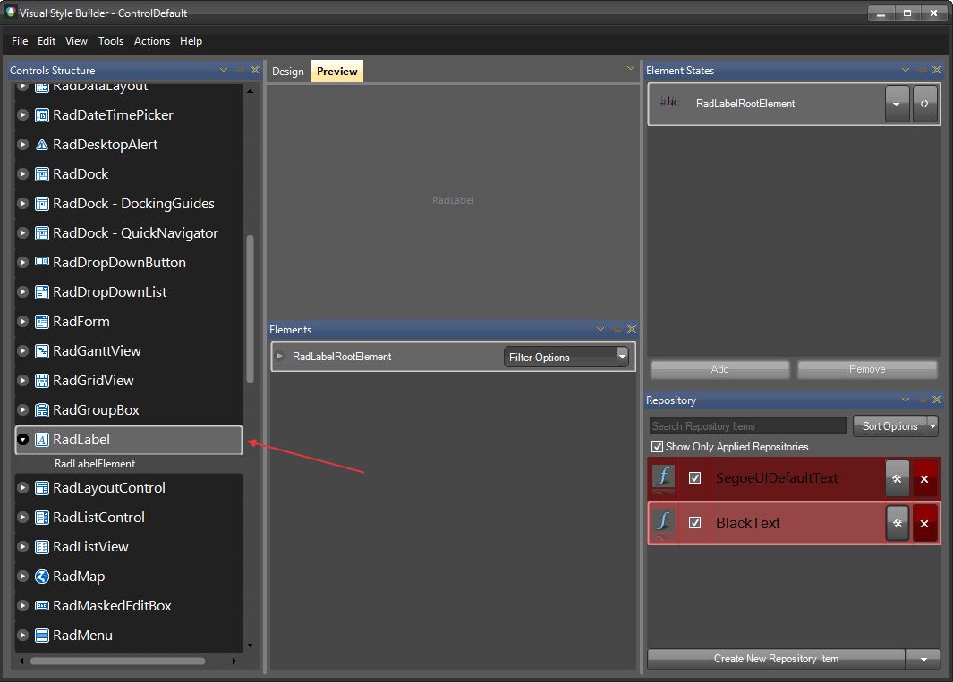 WinForms RadLabel VisualStyleBuilder