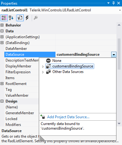 WinForms RadListControl Setting the DataSource at Design time