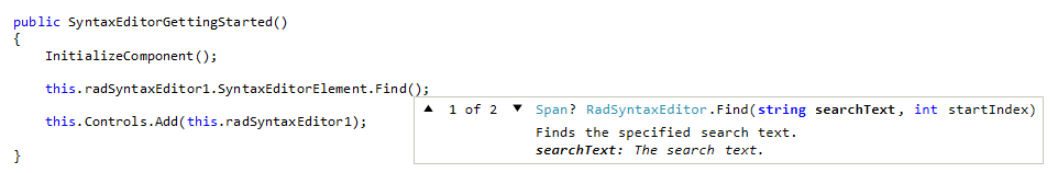 WinForms RadSyntaxEditor Show Code completion