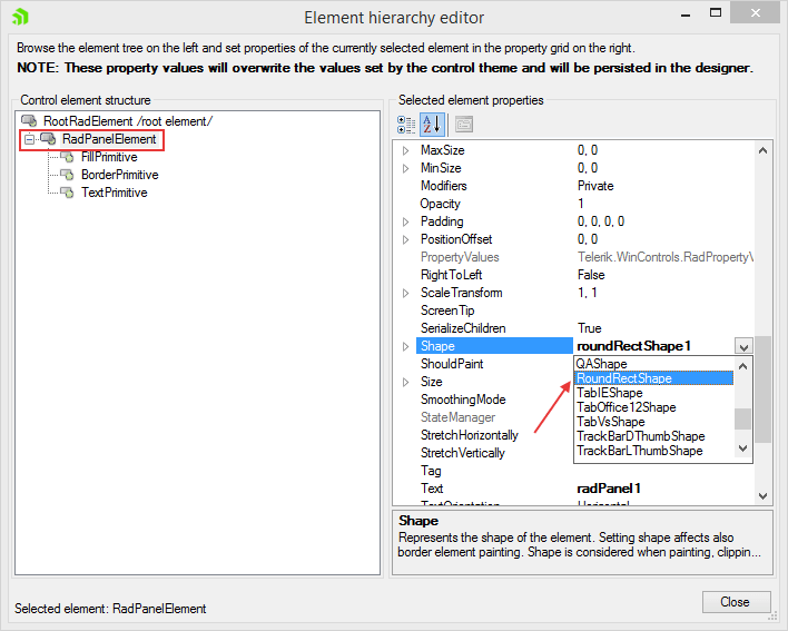 WinForms RadPanel Element Hierarchy Editor
