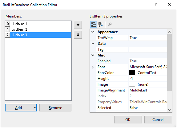 WinForms RadDropDownList RadListDataItem Collection Editor