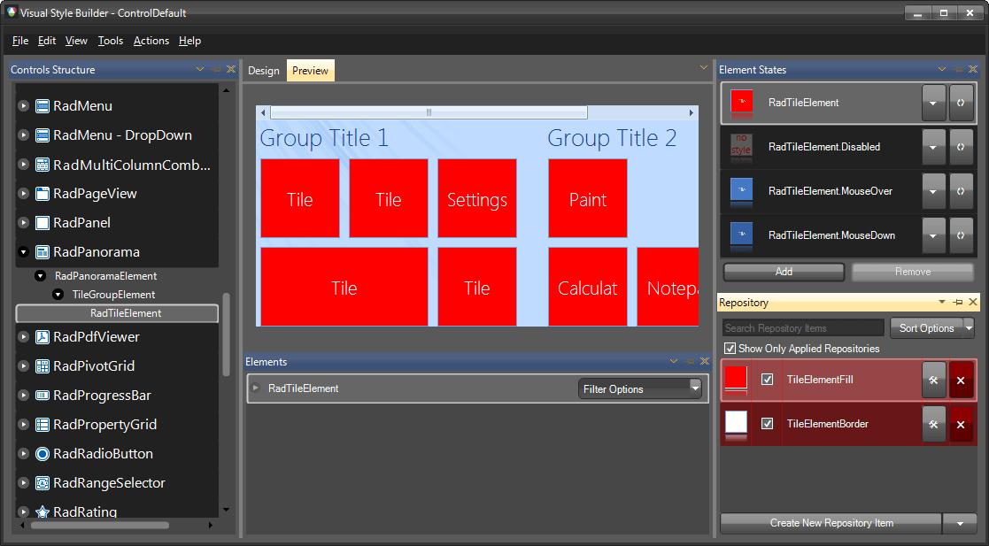 WinForms RadPanorama TileElement Custom repository