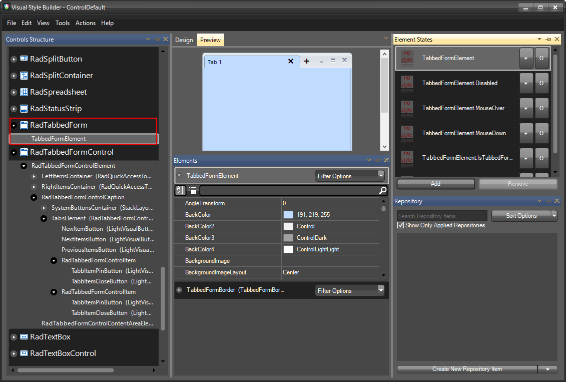 WinForms Forms and Dialogs TabbedForm Customizing Apearance Themes ...