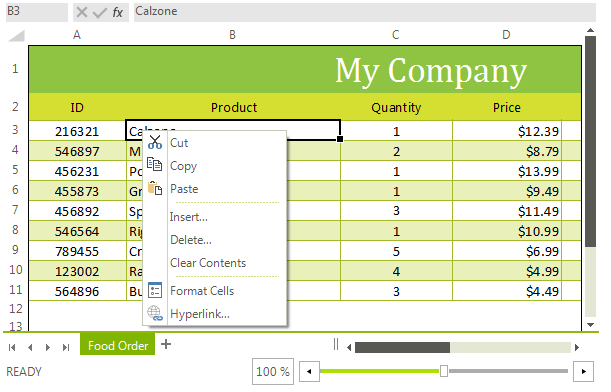 WinForms RadSpreadsheet Worksheet Editor's Context Menu