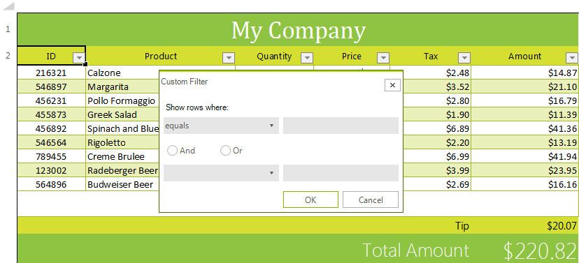 WinForms RadSpreadsheet Custom Filter Dialog