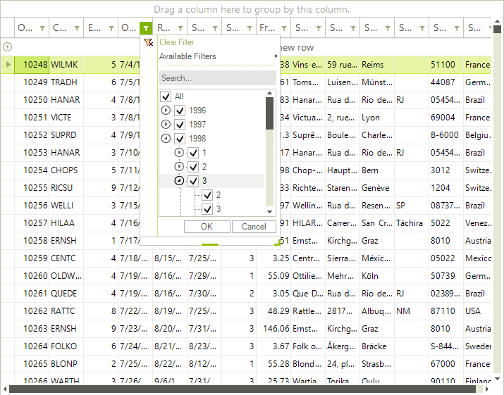 WinForms RadGridView Grouped Dates Popup