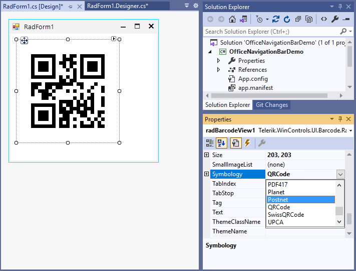 WinForms RadBarcodeView QRCode Symbology Default