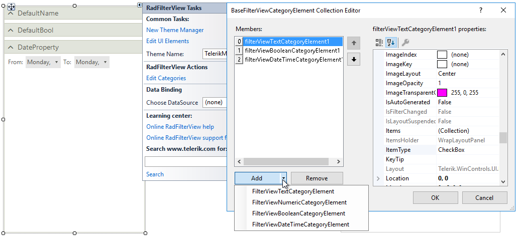 WinForms RadFilterView Edit Categories